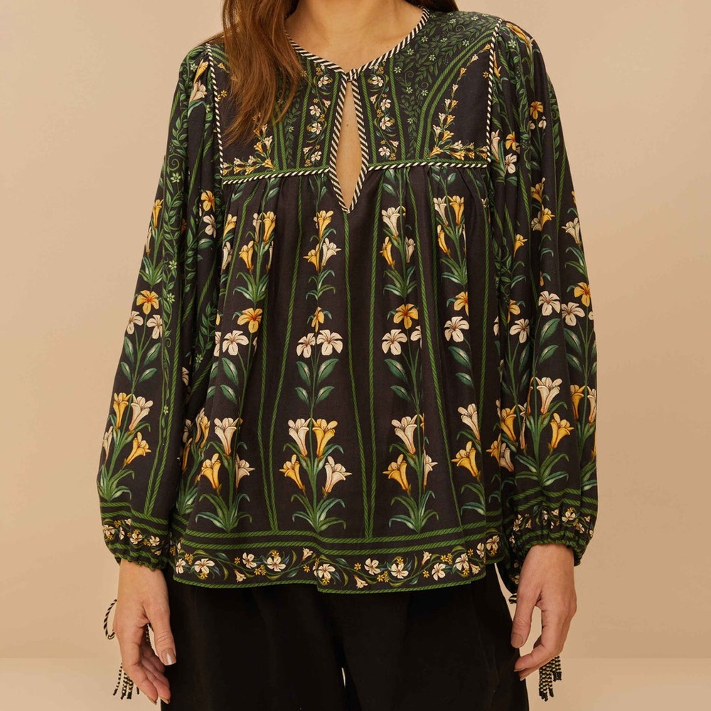 Farm Rio Black Flowers Arch Lenzing™ Ecovero™ Euroflax™ Blouse